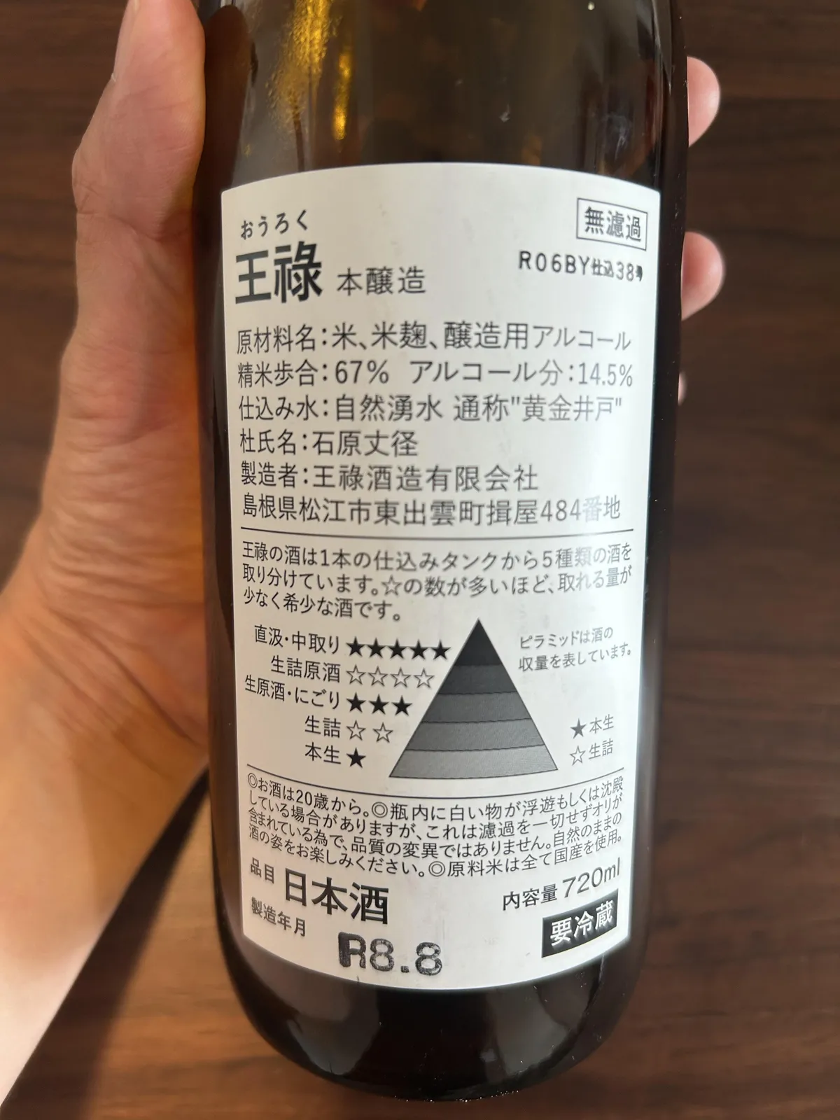 王録 本醸造の裏ラベル。原材料や仕込み水の情報のほか、お酒の取り分け方を表すピラミッド図が記載されている