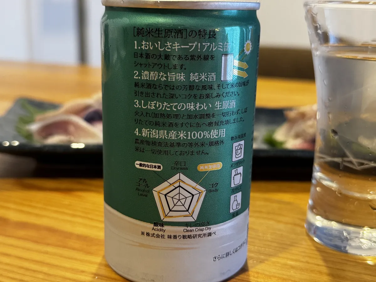 缶の背面に記載されたお酒の特長と、味のバランスを示すレーダーチャート